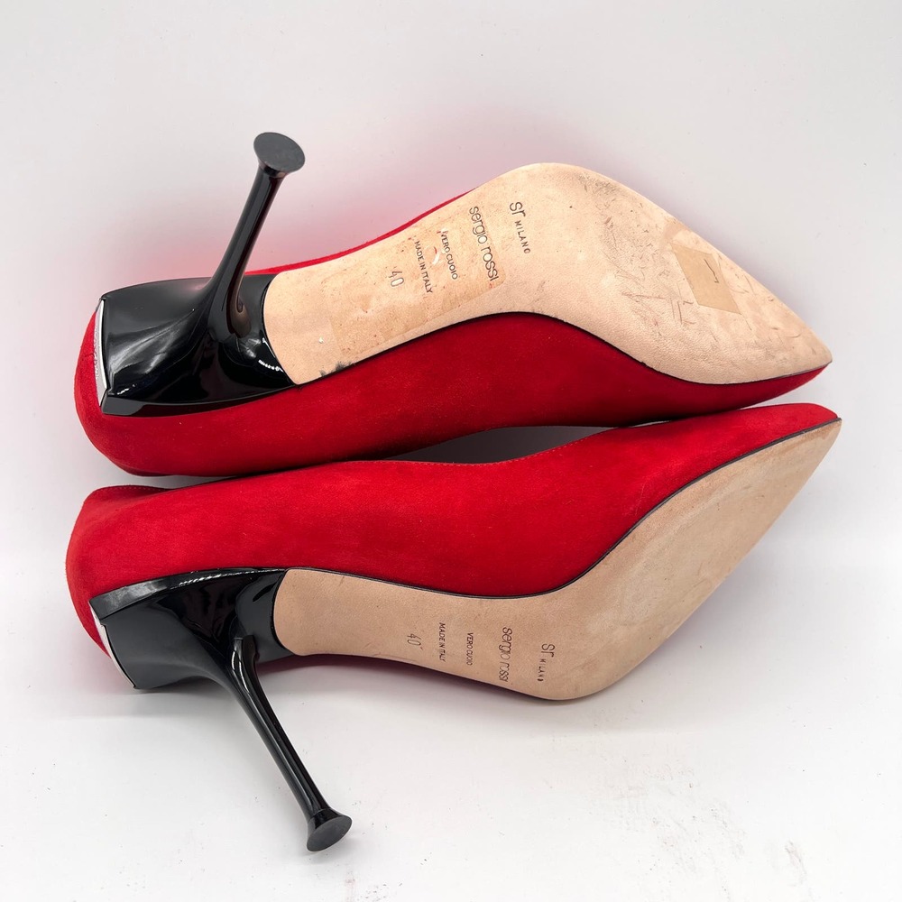 SERGIO ROSSI Shoes Womens 40 Red Suede Milano Pump Pointy Toe Heels Stiletto - Picture 9 of 13